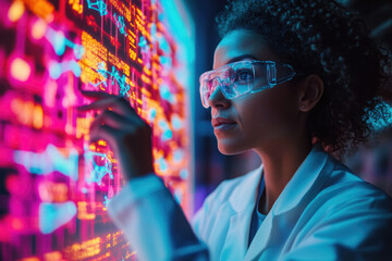 Aufkleber - A female scientist interacts with a vibrant, data-rich interactive screen, exploring complex information.