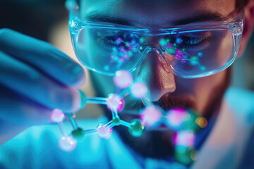 Poster - A scientist meticulously examines a molecular model, engrossed in complex research and discovery.
