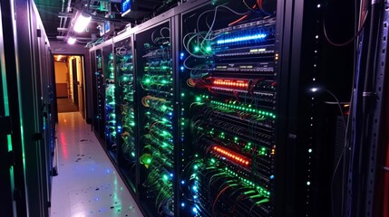 Leinwandbilder - Rows of network servers are illuminated by bright LED lights in a modern data center. This high tech setting highlights the complexity of data infrastructure in operation.