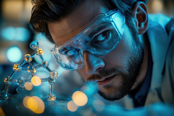 Poster - A focused scientist examines a molecular model, engrossed in scientific research and discovery.
