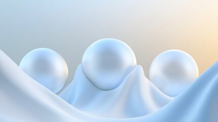 Poster - Three lustrous pearls on soft blue draped fabric background conceptual image