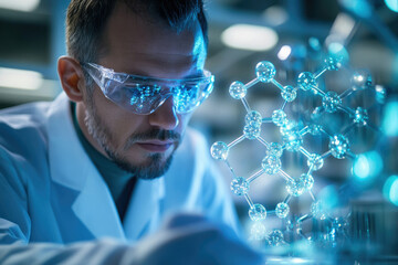 Poster - A scientist meticulously examines a molecular model, engrossed in scientific research and discovery.