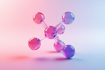 Poster - A 3D rendering of a molecule model with pink and purple spheres connected by bonds, illustrating atomic structure and chemical bonding.