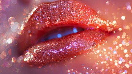 Poster - A pair of shiny lips featuring a dazzling application of glitter, showcasing vibrant hues and a textured surface that glistens under colorful lights. The background sparkles with light reflections.