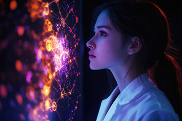 Poster - A young woman in a lab coat gazes intently at a vibrant, complex data visualization on a screen.