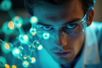 Poster - A focused scientist examines a molecular model, illuminated in teal, symbolizing scientific discovery and innovation.