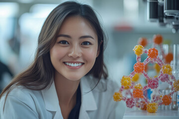 Poster - A smiling female scientist holds a molecular model, showcasing her passion for scientific research and discovery.