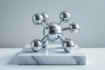 Aufkleber - A chrome molecule model rests on a marble base, reflecting light and symbolizing science or connection.