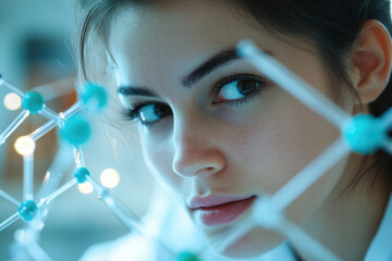 Poster - A young female scientist intensely studies a molecular model, deeply engrossed in scientific research.