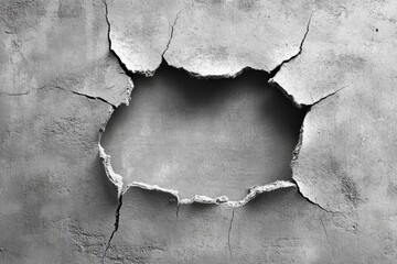 Poster - Abstract monochromatic wall with a hole and cracks in a dilapidated style showcasing texture and decay with a high angle view and a somber mood