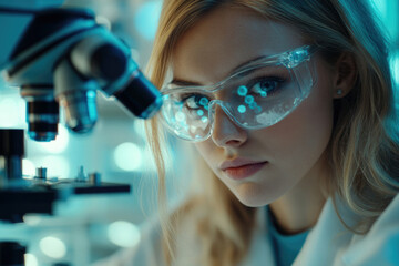 Poster - A female scientist intently looks through a microscope during a scientific experiment in a laboratory setting.