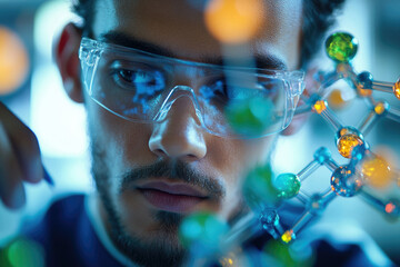 Poster - A focused scientist examines a molecular model, engrossed in scientific research and discovery.