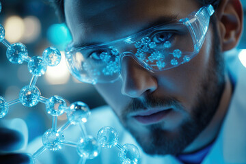 Poster - A scientist meticulously examines a molecular model, engrossed in scientific research and discovery.