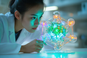 Aufkleber - A young female scientist intently examines a glowing molecular model, engrossed in scientific research.