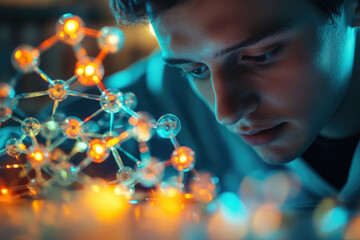 Poster - A young scientist intently examines a glowing molecular model, engrossed in scientific research and discovery.