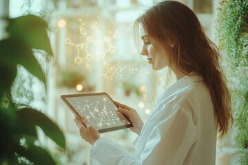 Aufkleber - A young scientist examines molecular structures on a tablet, showcasing technological advancements in research and development.