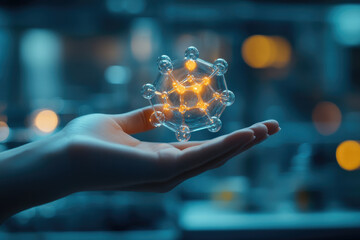 Poster - A glowing molecular model rests gently in a person's hand, symbolizing scientific discovery and innovation.