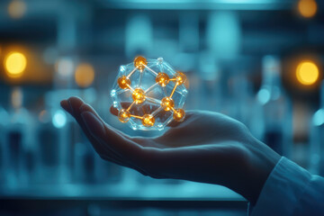 Aufkleber - A hand gently cradles a glowing molecular structure, symbolizing scientific innovation and breakthroughs.
