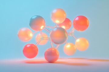 Aufkleber - Abstract 3D rendering of a glowing molecule model, showcasing interconnected spheres in pastel colors against a light blue background.