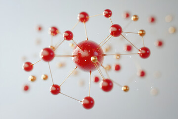 Poster - Abstract 3D rendering of a molecule or network, with red and gold spheres connected by thin rods.