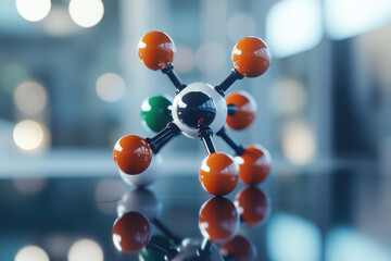 Poster - A molecular model with orange, green, and white atoms, illustrating chemical bonds and structure.