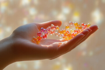 Poster - A hand gently holds a DNA-like model made of colorful glass beads, representing genetic code.