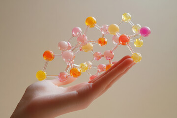 Poster - A hand gently holds a colorful molecular model, representing scientific discovery and innovation.