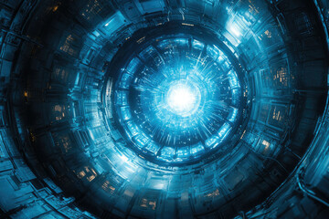 Poster - Futuristic blue sci-fi tunnel with bright light at the end, suggesting travel or energy.