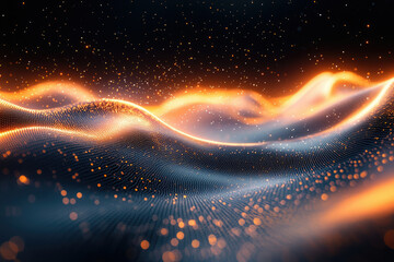 Poster - Abstract digital landscape with glowing orange particles forming wavy pattern in dark space.