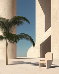 Poster - Modern architectural design with palm tree and chair minimalist outdoor space tranquil environment artistic viewpoint