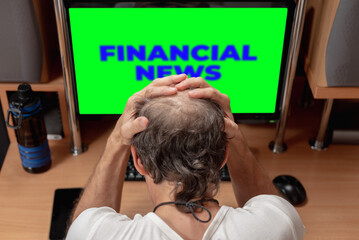 Poster - frustrated desperate man touching head worried about money loss. emotional reaction to financial new