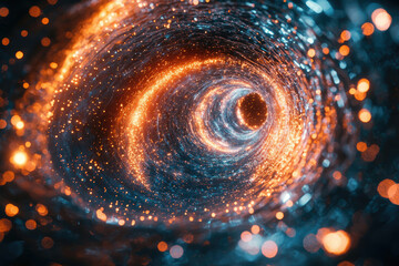 Poster - A swirling vortex of vibrant orange and blue light particles creates a mesmerizing tunnel effect.