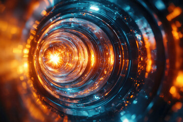 Poster - Abstract digital art depicting a vibrant, glowing tunnel with concentric rings of orange and blue light.
