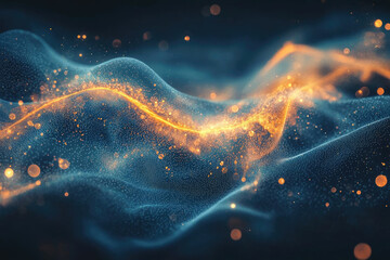 Poster - Abstract digital art depicting a flowing, luminous wave of particles with orange and blue hues.