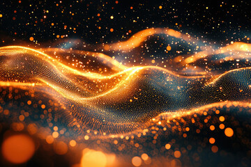 Aufkleber - Abstract digital art depicting glowing orange particles forming undulating waves on a dark background.