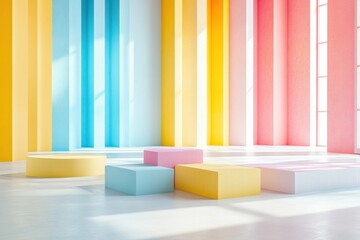 Poster - Pastel colored blocks and cylinders create a modern abstract background with geometric shapes and bright light studio setup for product display