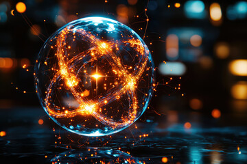 Aufkleber - A mesmerizing sphere of vibrant energy, glowing with incandescent trails and sparks, set against a blurred city backdrop.