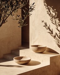 Poster - elegant stone bowls on minimalist steps serene ambiance still life indoor natural light