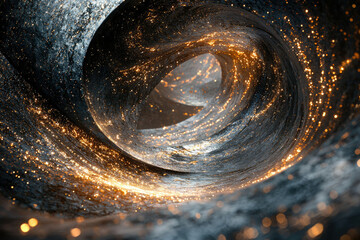 Poster - A swirling vortex of dark metallic texture with embedded golden sparks, creating a mesmerizing cosmic tunnel effect.