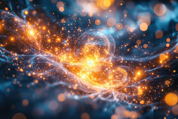 Poster - Abstract cosmic scene with swirling nebulae, glowing particles, and vibrant orange and blue hues.