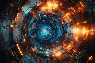 Poster - A mesmerizing digital art depicting a futuristic, circular, technological structure with vibrant orange and blue lights.