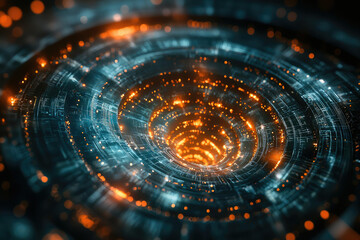 Poster - Abstract digital tunnel with glowing orange and teal concentric circles, depicting futuristic technology or data flow.