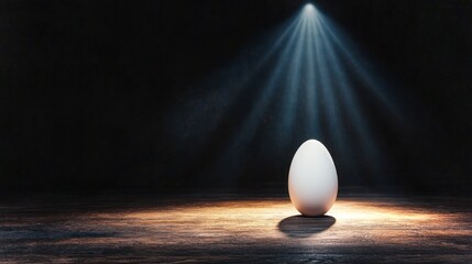 Poster - White egg illuminated by a focused beam of light on a dark wooden surface