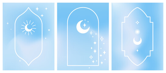 Ramadan Kareem light blue pastel colored vertical vector banner. Modern Islamic gradient template design for abstract background, poster, banner, social post. Blurry sky with Islamic windows, arches