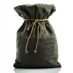 Poster - Rustic Burlap Sack Tied with Jute Cord on White Background Capturing Simplicity and Natural Texture in Studio Shot