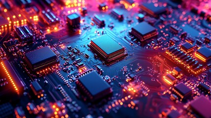 Poster - Abstract Technology Background Circuit Board Digital Design Electronic Hardware Neon Lights Pink Purple Orange Glow Detailed Closeup Modern Technology