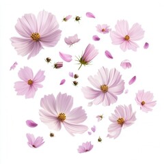 Poster - Elegant Cosmos Flower Arrangement on White Background Capturing Delicate Petals and Soft Light for Springtime Beauty and Floral Design with a Clean Aesthetic