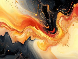 Poster - Abstract fluid art with gold accents blending warm orange and cool black tones creating a dynamic and luxurious visual effect