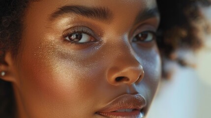 Poster - A woman with curly hair showcases her radiant skin under gentle sunlight, emphasizing her natural beauty and glowing complexion during a relaxed afternoon setting.