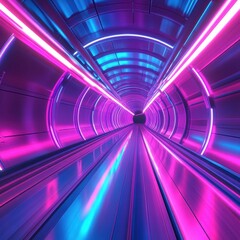 Poster - Futuristic Neon Tunnel with Glowing Lights and Metallic Panels Creating a Cyberpunk Atmosphere and Digital Art Style
